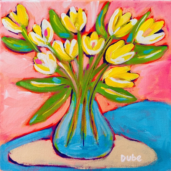 Original Painting Abstract Collectible Yellow Tulips Stems Water 10"x10" Canvas - Picture 9 of 11